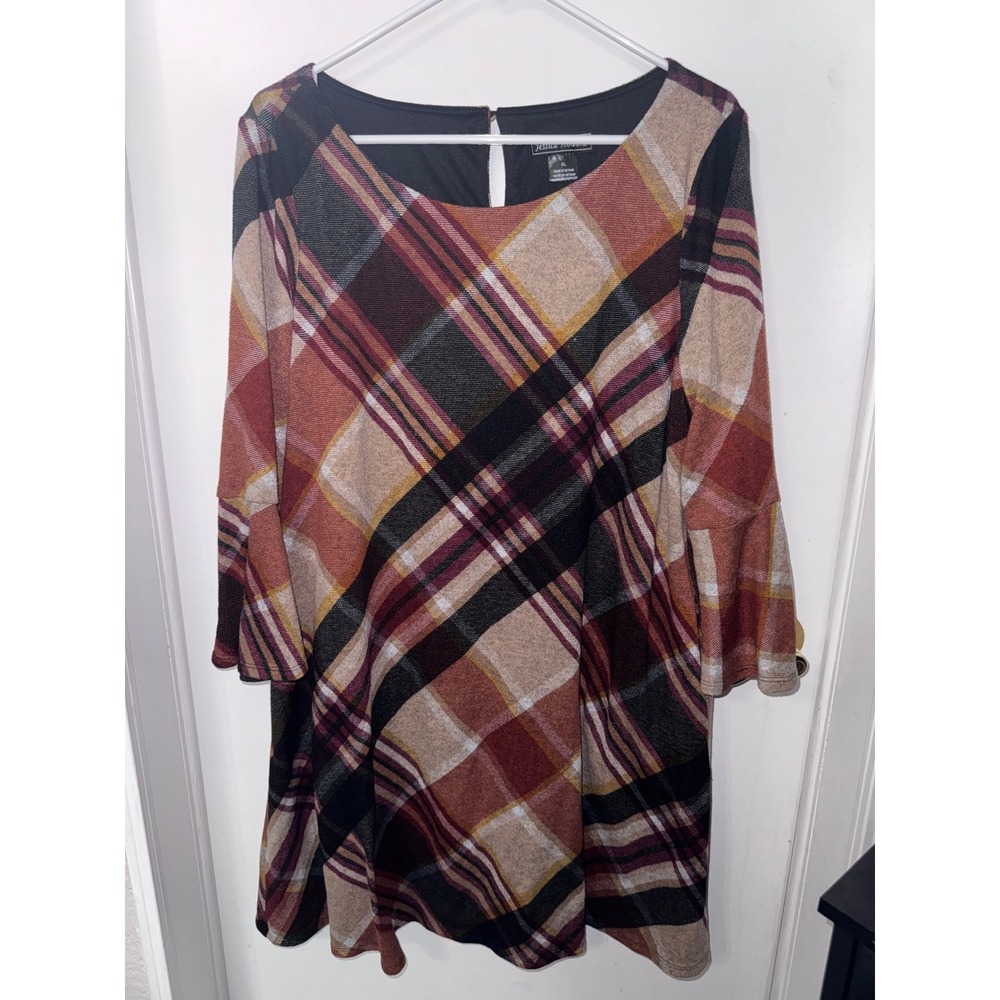 Jessica Howard Plaid Bell Sleeve Shift Dress Rust Black Tan XL